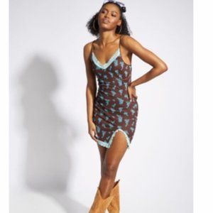 Floral Print Lace Trim Side Slit Bodycon Dress